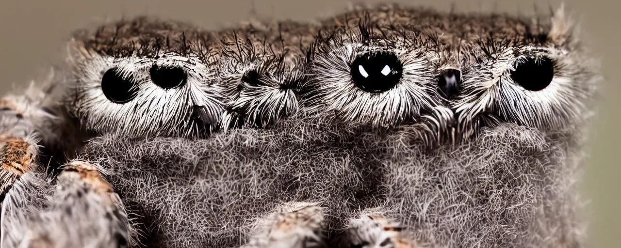 Image similar to a jumping spider mixed with an owl, hybrid creature, by Stanley Kubric, anamorphic lens, macro shot, bokeh, kodak color film stock, realistic, hyper detailed