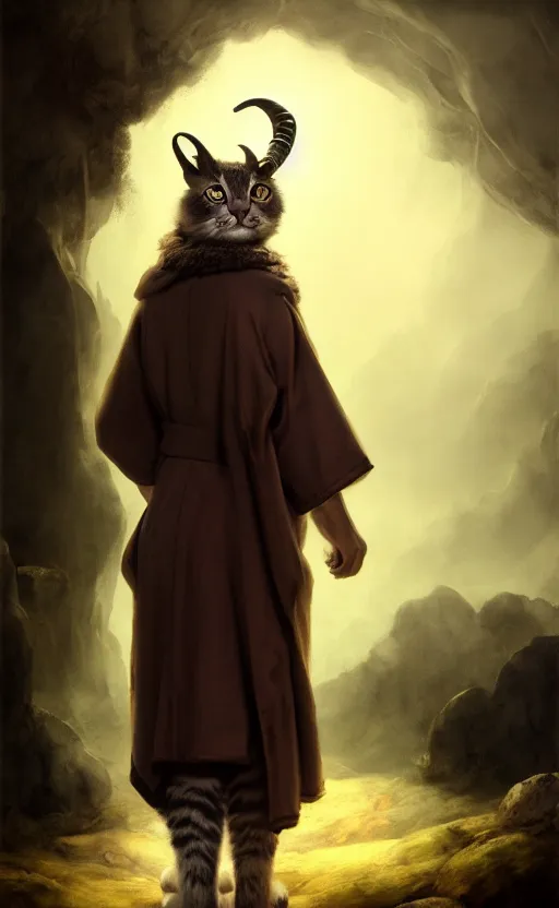 Prompt: a bipedal cat that has two goat horns and is wearing robes, matte oil painting, by rembrandt, d & d, character reveal, fantasy, concept art, cosmic, magical, fog, noble, full body portrait, extremely detailed, cute, cult, ritual, sharp focus, 4 k, 8 k