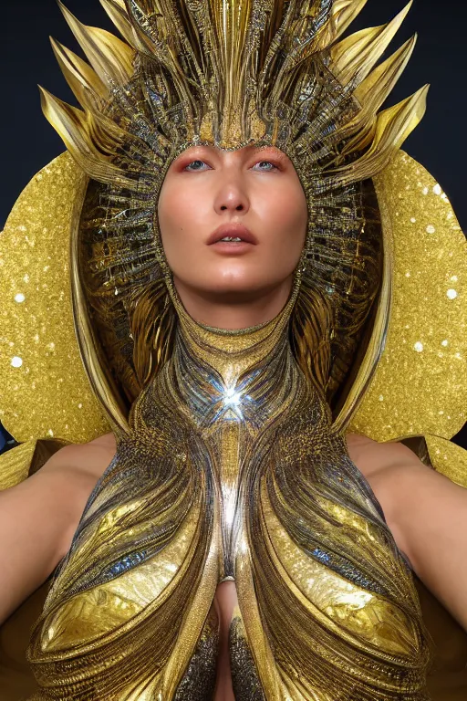 Prompt: a highly detailed metahuman 4 k close up render of an alien goddess bella hadid as shakti in iris van herpen dress schiaparelli in diamonds swarovski and jewelry in style of alphonse mucha gustav klimt trending on artstation made in unreal engine 4