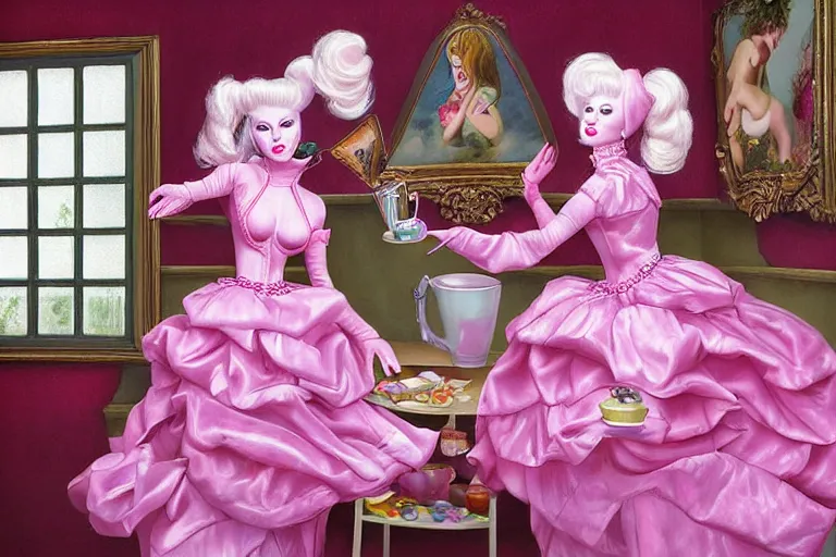 Image similar to Angelyne fights a clone of herself in the tea room, painted by mark ryden