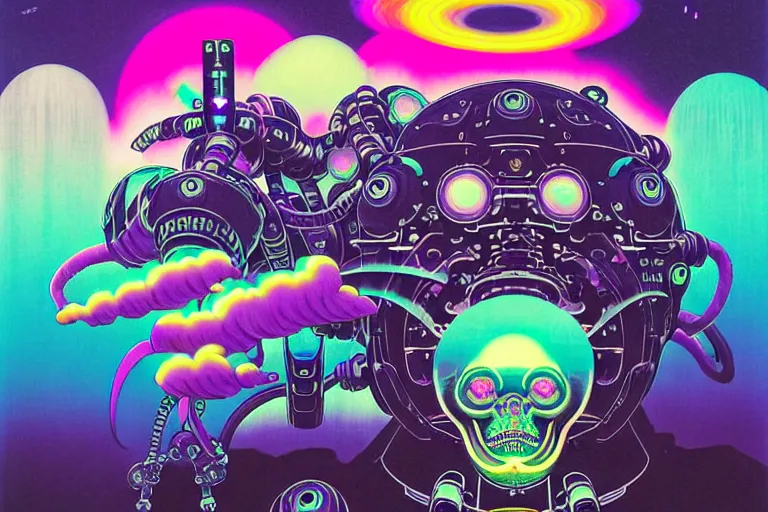 Image similar to muted vaporwave ombre, sharp focus, strong lighting, clean lines, sinister eldritch neural diaphanous skullpunk spirits in the enchanted intergalactic mecha garden, man - machine chimeric beholder polyphemous by okuda san miguel by jerimiah ketner by tatsuyuki tanaka by agostino arrivabene and wayne england