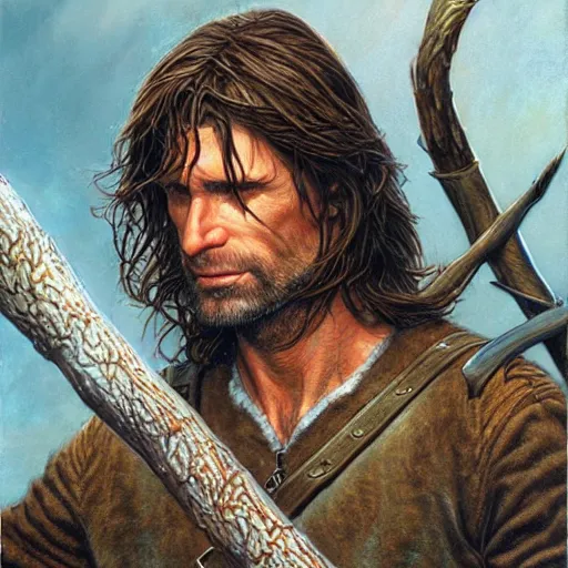 Prompt: Strider woodsman Aragorn by Mark Brooks, Donato Giancola, Victor Nizovtsev, Scarlett Hooft, Graafland, Chris Moore