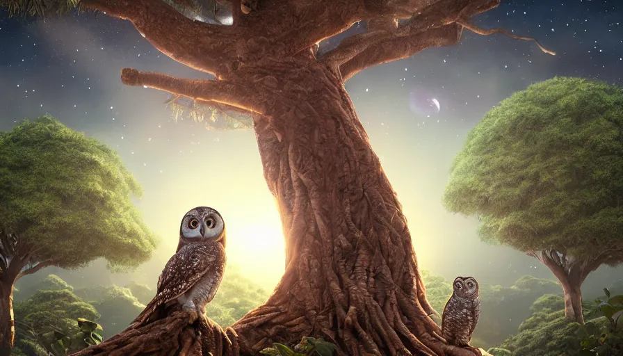 Image similar to very very small owl, sitting on a gigantic banyan tree in moonlit socotra island by ilya kuvshinov, starry night, rtx rendering, octane render 1 2 8 k, maya, extreme high intricate details by tom bagshaw, medium shot, close up shot, composition by sana takeda, lighting by greg rutkowski