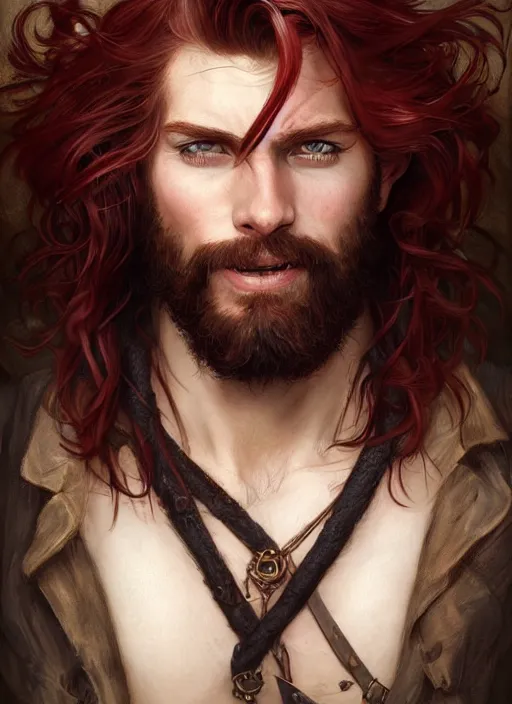 Image similar to portrait of a young ruggedly handsome but joyful pirate, male, masculine, upper body, red hair, long hair, d & d, fantasy, piercing eyes, intricate, elegant, highly detailed, digital painting, artstation, concept art, matte, sharp focus, illustration, art by artgerm and greg rutkowski and alphonse mucha