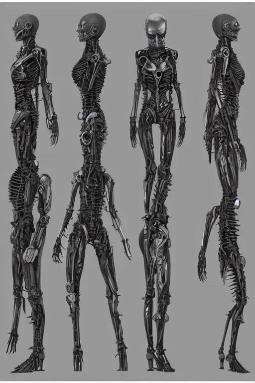 Image similar to cyborg vampire with gunmetal grey skin, medical anatomy, very symmetrical face, highly detailed, mecha, three - perspective / three - view reference sheet ( front / back / side ), in the style of dan ouellette, hr giger, sil from species, dren from splice, biomechanical, artstation, unreal engine