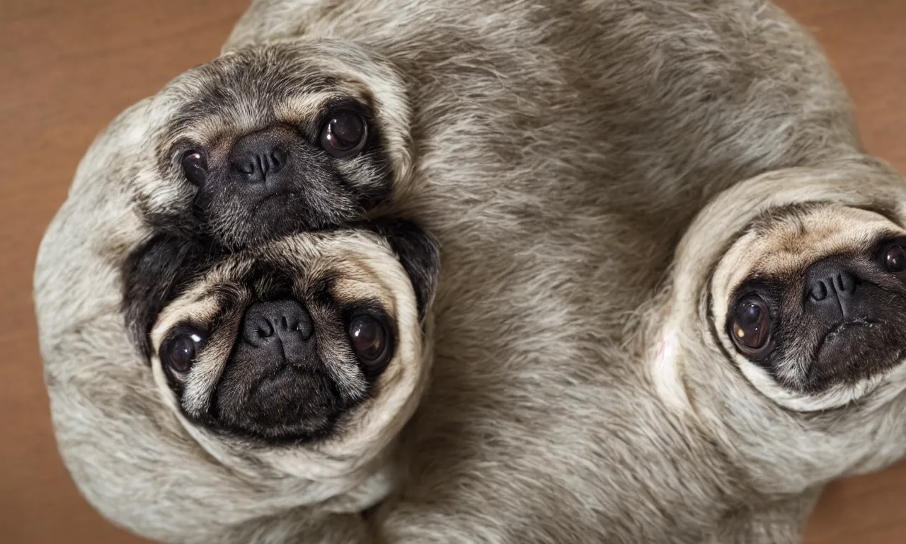 Image similar to sloth cross pug hybrid, chymera, in laboratory panoramic, wide depth of field, 8 k