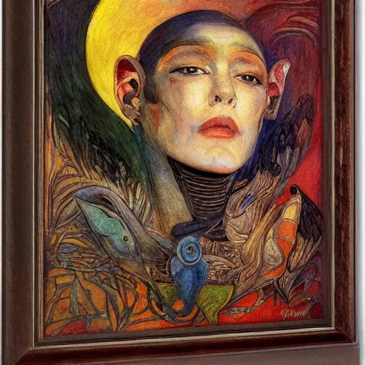 Prompt: the android in her crow crown, by Annie Swynnerton and Diego Rivera, symbolist, dramatic lighting, elaborate geometric ornament, Art Brut ,god rays, soft cool colors,smooth, sharp focus, extremely detailed, Adolf Wölfli