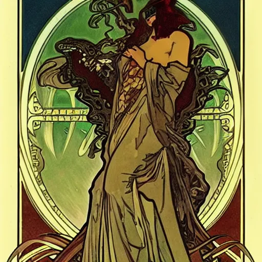 Prompt: Godzilla art nouveau, Alphonse Mucha