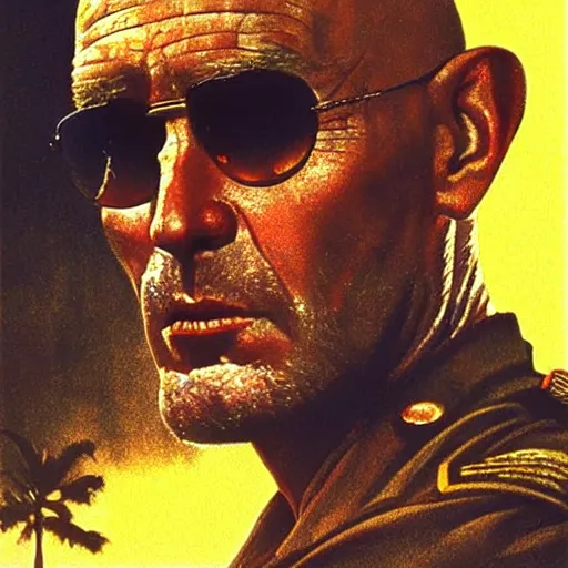 Image similar to a portrait of captain willard in apocalypse now 1 9 7 9 cinematic lighting, photorealistic, octane render, 8 k, depth of field, 3 d, art by artgerm and greg rutkowski and alphonse mucha and uang guangjian and gil elvgren and sachin ten, vietnam war, cinematography by francis ford coppola