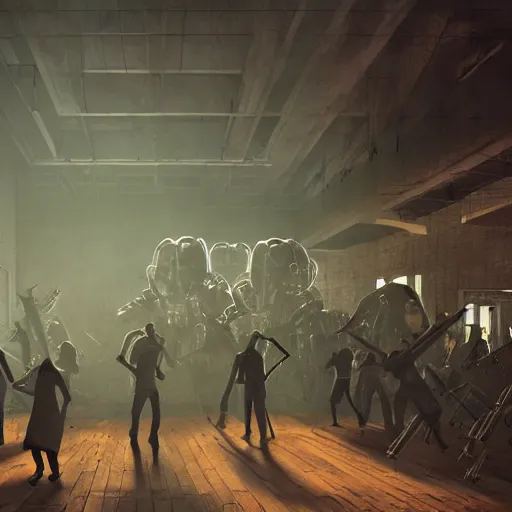 Prompt: crowd of terminator robots dancing in a 1 8 th century room in the sky, cloudy modern city outside of big windows, cables everywhere, old furniture, wooden parquet, dramatic and emotional, volumetric lighting, digital art, depth haze, cinematic, glow