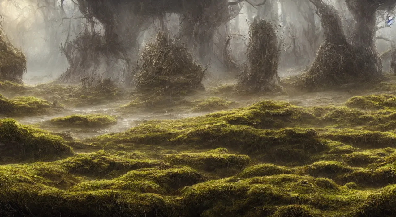 Image similar to Panorama of a desolate land incorporating a giant 65 year-old Gaia covered in moss, crying softly and humbly, sitting on a dried up river, highly-detailed, elegant, dramatic lighting, artstation, 4k, cinematic landscape