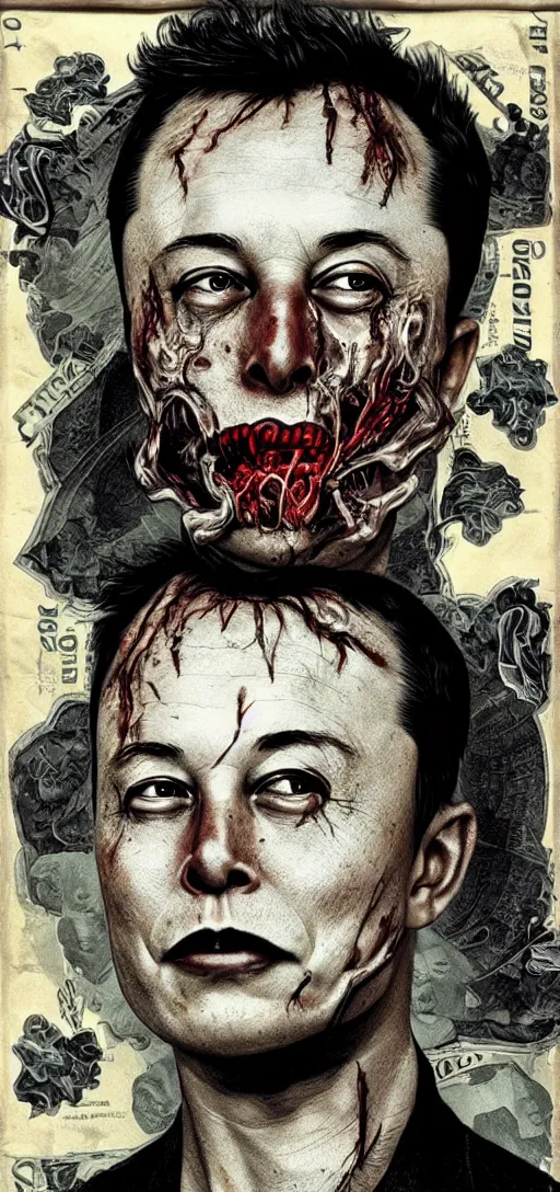 Image similar to a rotting and old horror picture of elon musk with dark rottendollar bills and rocket plumes, body horror, scary, dark, creepy,