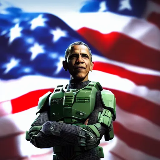 Prompt: a highly detailed photograph of barak obama as master chief, photorealistic, standing in front of a massive american flag, recruitment poster, ray - traced, unreal engine