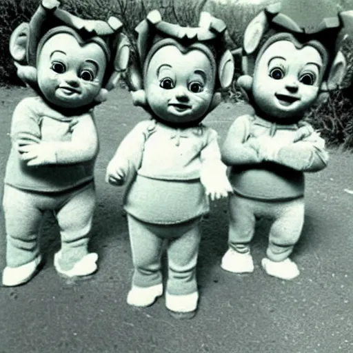 Prompt: creepy retro photograph of the teletubbies