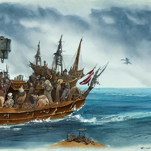 Image similar to somali pirates, a detailed matte painting by anton pieck, deviantart contest winner, fantasy art, concept art, official art, matte drawing