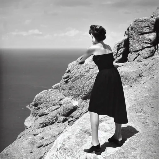 Prompt: ''a robert capa's photograph of a woman in a black dress on the edge of a cliff looking out to the horizon''