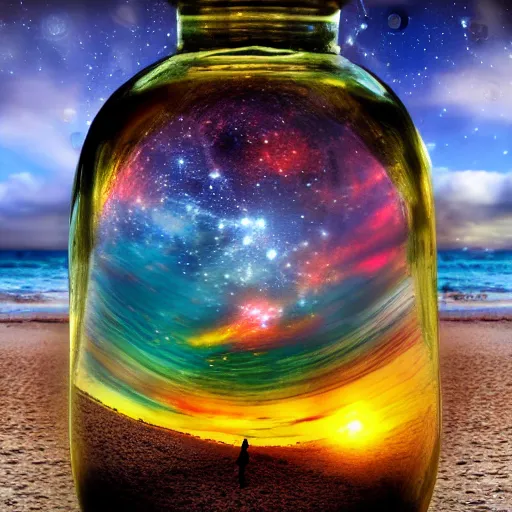 Image similar to a universe inside of a bottle on the beach, hyper detailed, photorealostic