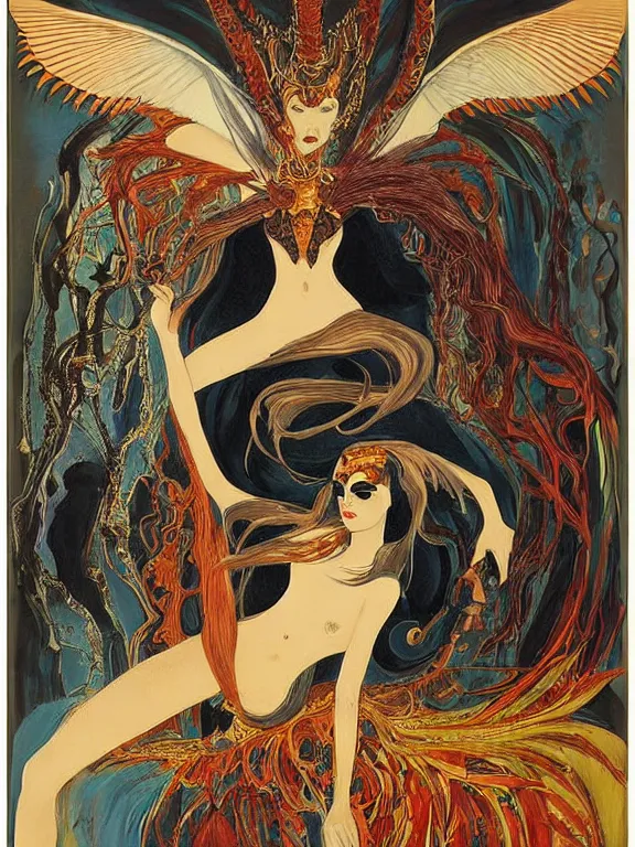 Prompt: a framed movie poster titled Vulvine, representing a dark haired queen Vulvine and Death, oriental, dark fantasy by Saul Bass, by Gustave Moreau, by Georgia O Keeffe