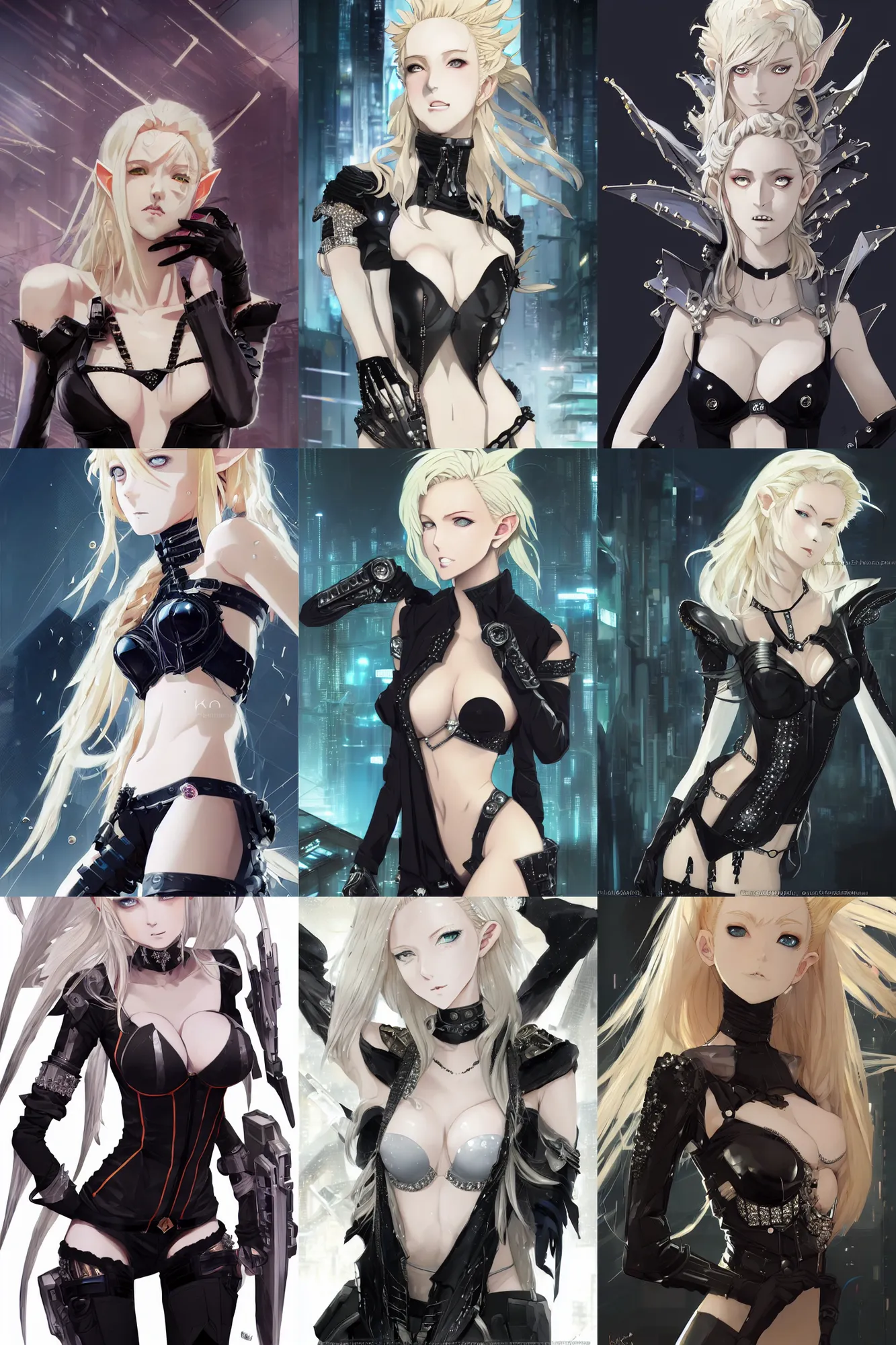 Prompt: Worksafe. Cinematic, epic. Cyberpunk, dysopian, sci-fi. Close-up blonde elven vampire girl wearing black luxury bra with many frills and diamonds, expressing joy. By krenz cushart, makoto shinkai and pixiv. Accurately shaped manga face. A very clean image. Bold contours. High contrast and gentle colors.