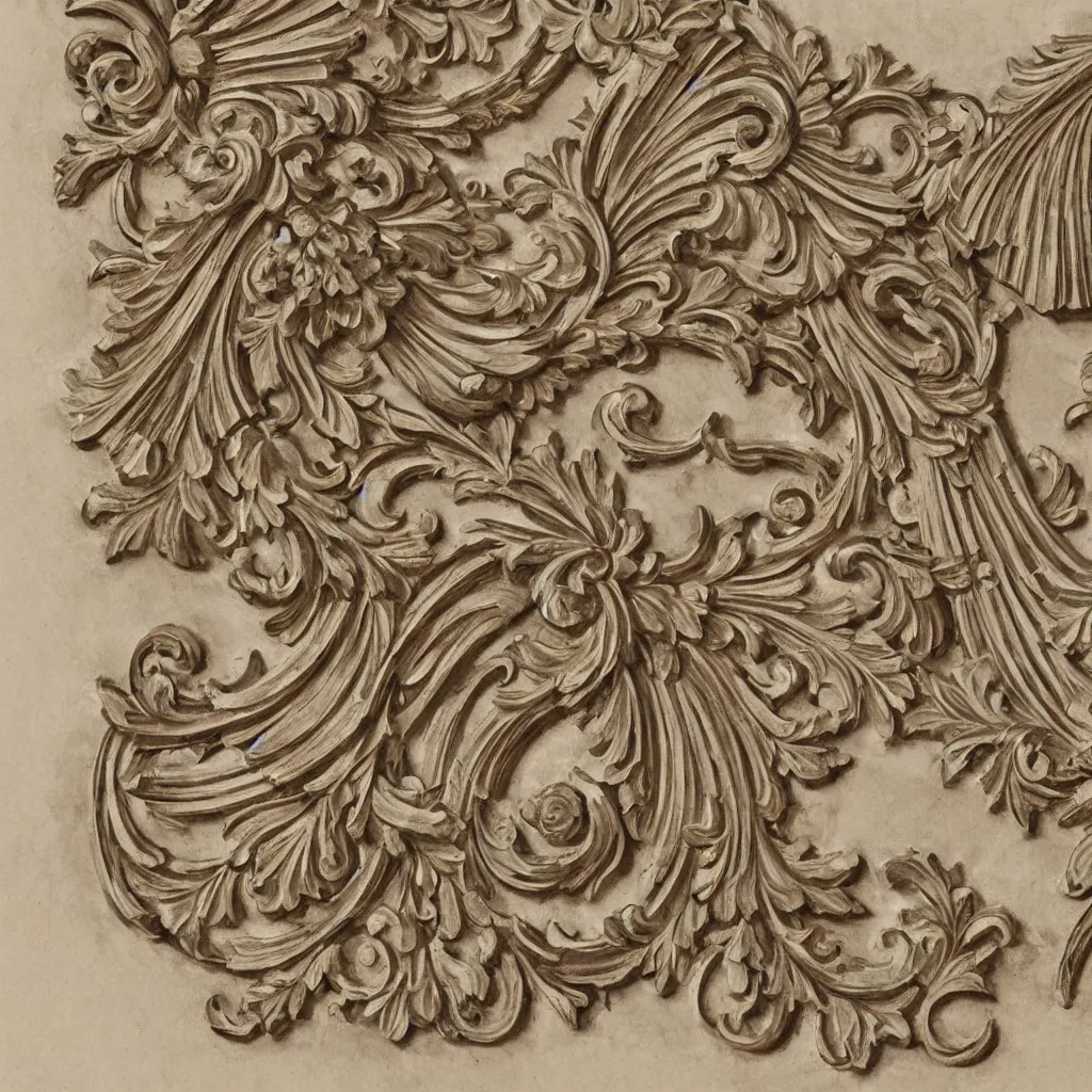 Prompt: a beautiful and masterful engraving decorative ornamental emblem, acanthus, floral, acroteria, arabesque, bead and reel, beams, bocage, cartouche, caulicoli, dentils, eagle, encarpus, rendered in octane