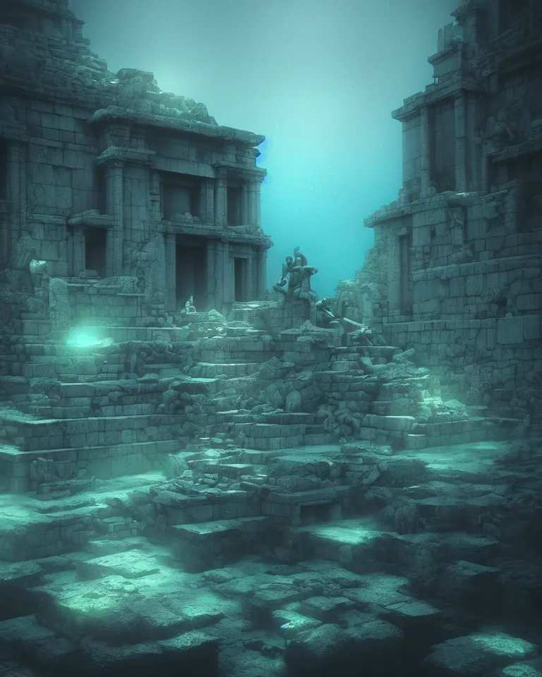 Image similar to full color, low wide shot of submerged pre - incan temple, underwater, statues, anime style mixed with fujifilm, dark, foggy, atmospheric, artstation, cgsociety, octane render, cgi, unreal engine 5, denoise, detailed, cinematic masterpiece