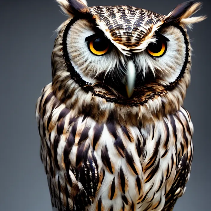 Prompt: full length photograph of a real-life owl warrior, Extremely detailed. 8k