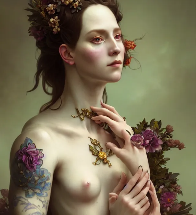 Image similar to baroque portrait of a icelandic princess of porceline skin, full body floral tattoos, cinematic lighting, photorealistic, octane render, 8 k, depth of field, art by artgerm and greg rutkowski and alphonse mucha and uang guangjian