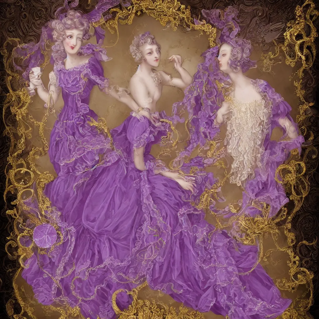 Prompt: purple dress design in the style of rococo ,Victorian era，jellyfish element,Gold lace element,dreamy, soft ,Backlight ,luminescence,Aetherpunk,highly detailed,8k