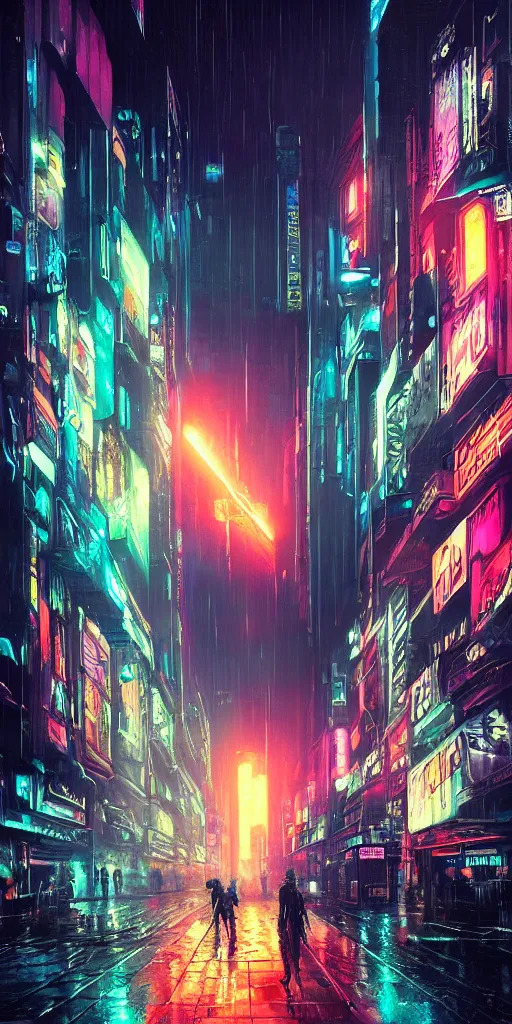 Image similar to hyper realistic cyberpunk cityscape,neon,rain,blade runner, looming surreal sky, stars,moon, 8k,cinematic lighting, detailed oil painting, by tristan eaton,Stanley Artgermm,Tom Bagshaw,Greg Rutkowski,Carne Griffiths,trending on DeviantArt,chillwave,minimalist,cybernetic, android, blade runner,full of colour