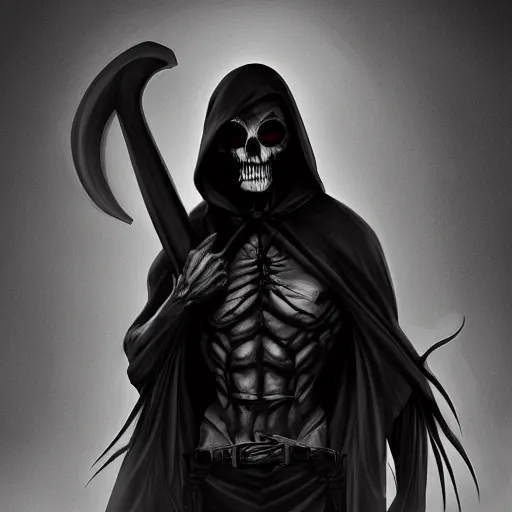 Image similar to Grim Reaper, creepy, muscled, horror, artstation