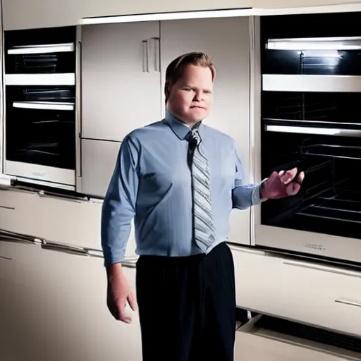 Prompt: Andy Richter is wearing a black suit and necktie and standing in a kitchen in front of an open refrigerator. There is a bright white light coming from inside the refrigerator. Andy is using his hand to shield his eyes.