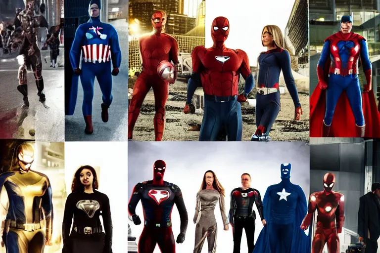 Image similar to movie superhero team, DC vs Marvel fashion, VFX powers at night in the city, city street, beautiful skin, natural lighting by Emmanuel Lubezki