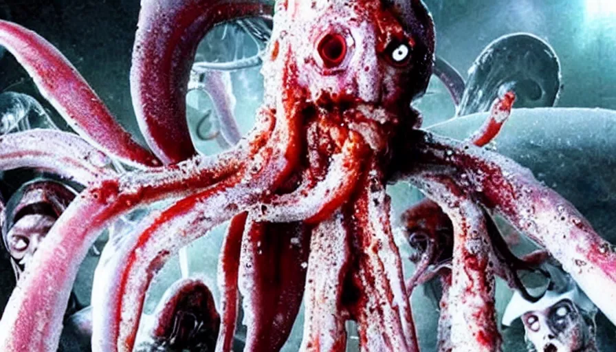 Image similar to big budget horror movie about alien squid using mind control to turn people into zombies