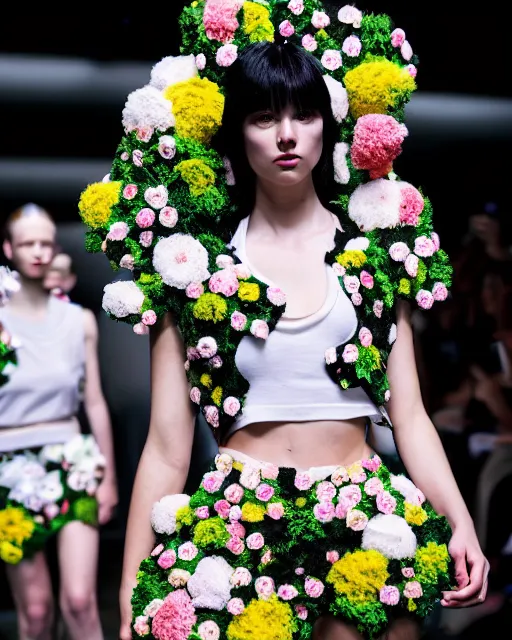 Prompt: olivia wearing an outfit made from flowers, catwalking at new york fashion week, attractive sporty physique, lush black hair, freckles, pale skin, photo by greg rutkowski, stage lighting, soft colors, female beauty, intricate detail, elegance, 3 5 mm, depth of field, masterpiece