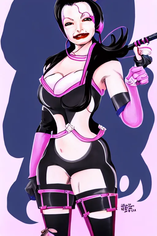 Prompt: fran drescher as screamstress, character design concept for overwatch and my hero academia, illustration in the style of hirohiko araki and shoji kawamori.