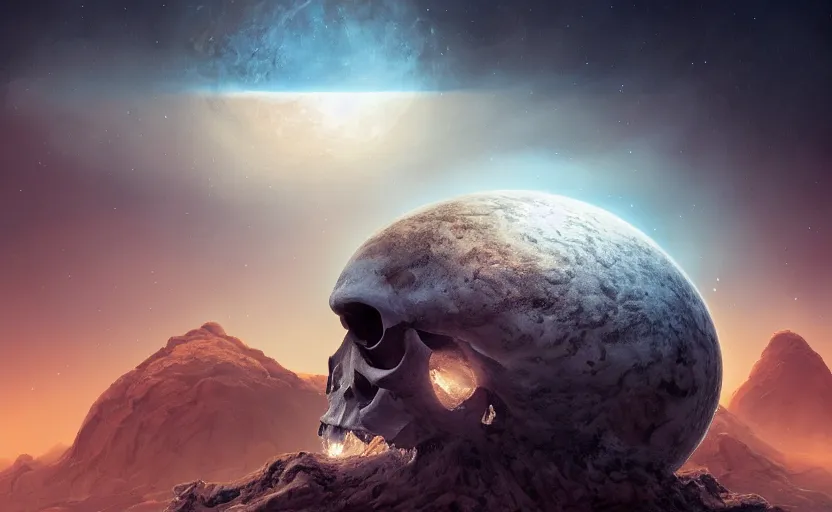 Image similar to a skull planet in the universe, hyperrealistic, concept art, epic image, path traced, breathtaking landscape, high coherence, 8 k, dramatic lighting, cinematic, trending on artstation, high quality, highly detailed, symmetrical, high contrast