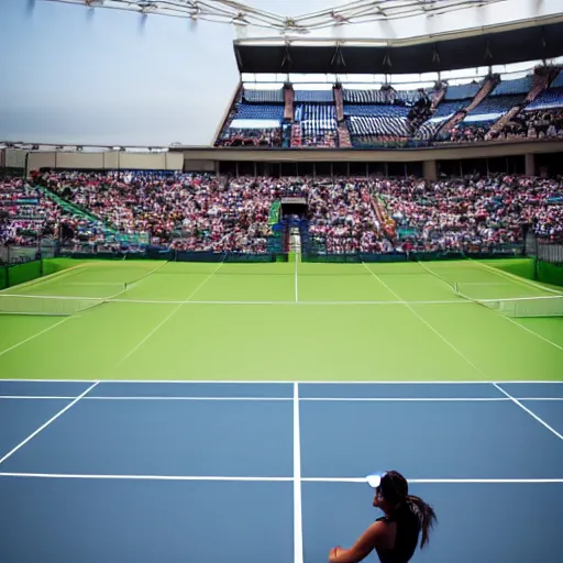 Prompt: woman playing tennis against a wall being watched by a large stadium full of fans