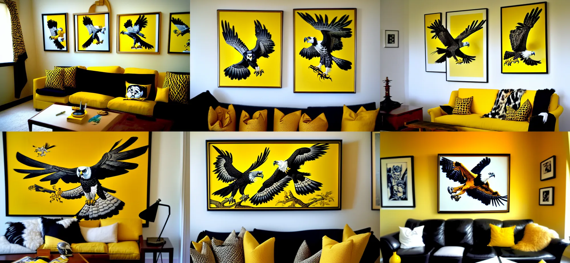 Prompt: action shot of harpy eagle, yellow and black framed painting hanging above couch, carl barks, cross hatching