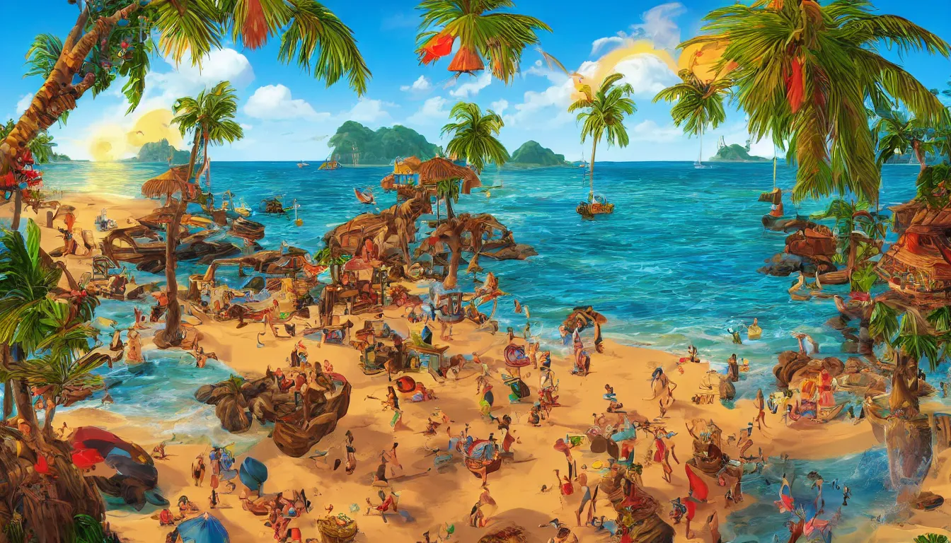 Image similar to a tropical beach scene, The curse of monkey island, high detail, colorful