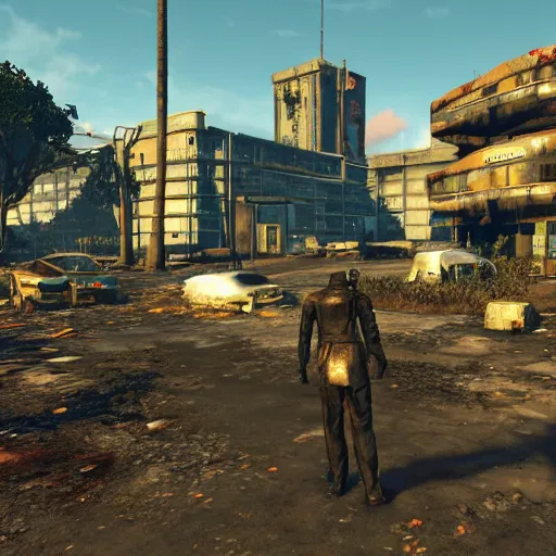 Image similar to Honolulu in ruins post-nuclear war in Fallout 4, in game screenshot