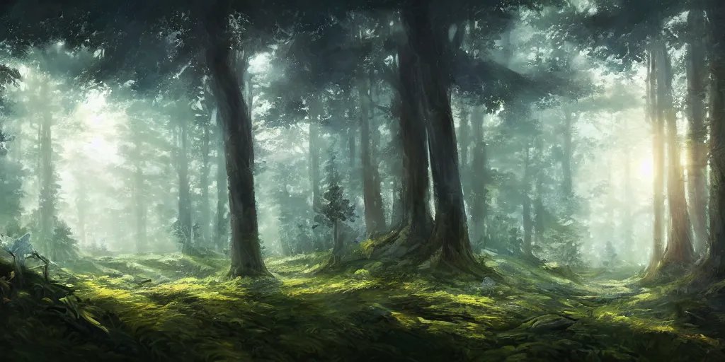 Prompt: a mysterious forest, detailed oil painting, cinematic angle, hyperrealistic, breathtaking, volumetric lighting, cinematic lighting, dynamic, Studio Ghibli, Jessica Rossier, digital art, octane render, epic composition, trending on artstation, masterpiece