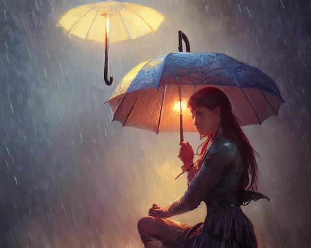 Image similar to umbrella, heavy rain, wind, thunder, reflections, deep focus, d & d, fantasy, intricate, elegant, highly detailed, digital painting, artstation, concept art, matte, sharp focus, illustration, hearthstone, art by artgerm and greg rutkowski and alphonse mucha