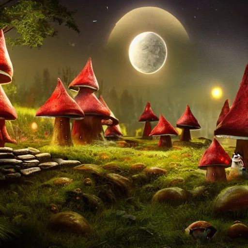 Image similar to mushroom houses with gnomes working the gardens, fantasy, epic landscape, black forest region, cinematic, octane render, art station, dramatic lighting, beautiful moonlight night, concept art, rococo, photorealistic, intense detail, 8 k