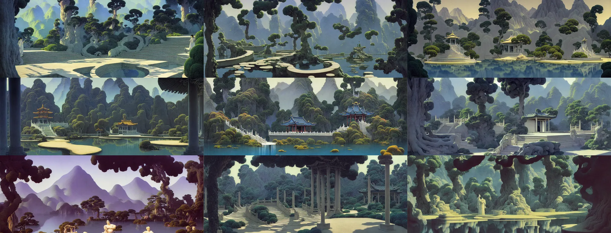 Prompt: a gorgeous landscape painting by barlowe wayne maxfield parrish and marco mazzoni. chinese temple. grey blue and very little light verdancy. the winding steps. ultra clear detailed. 3 d, octane render. turbulent blood lake.