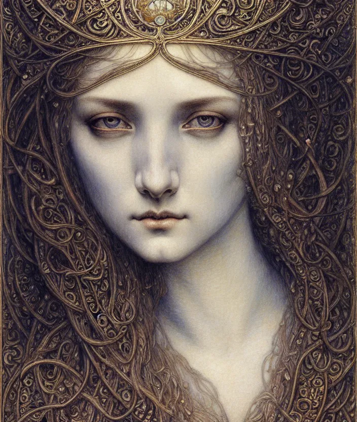 Image similar to detailed realistic beautiful young medieval queen face portrait by jean delville, gustave dore and marco mazzoni, art nouveau, symbolist, visionary, gothic, pre - raphaelite. horizontal symmetry