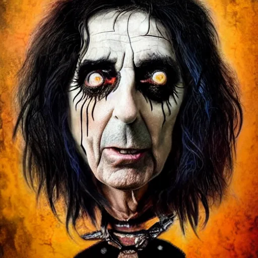 Prompt: alice cooper, portrait, obscure render, aesthetic, gaudy colors, matte painting