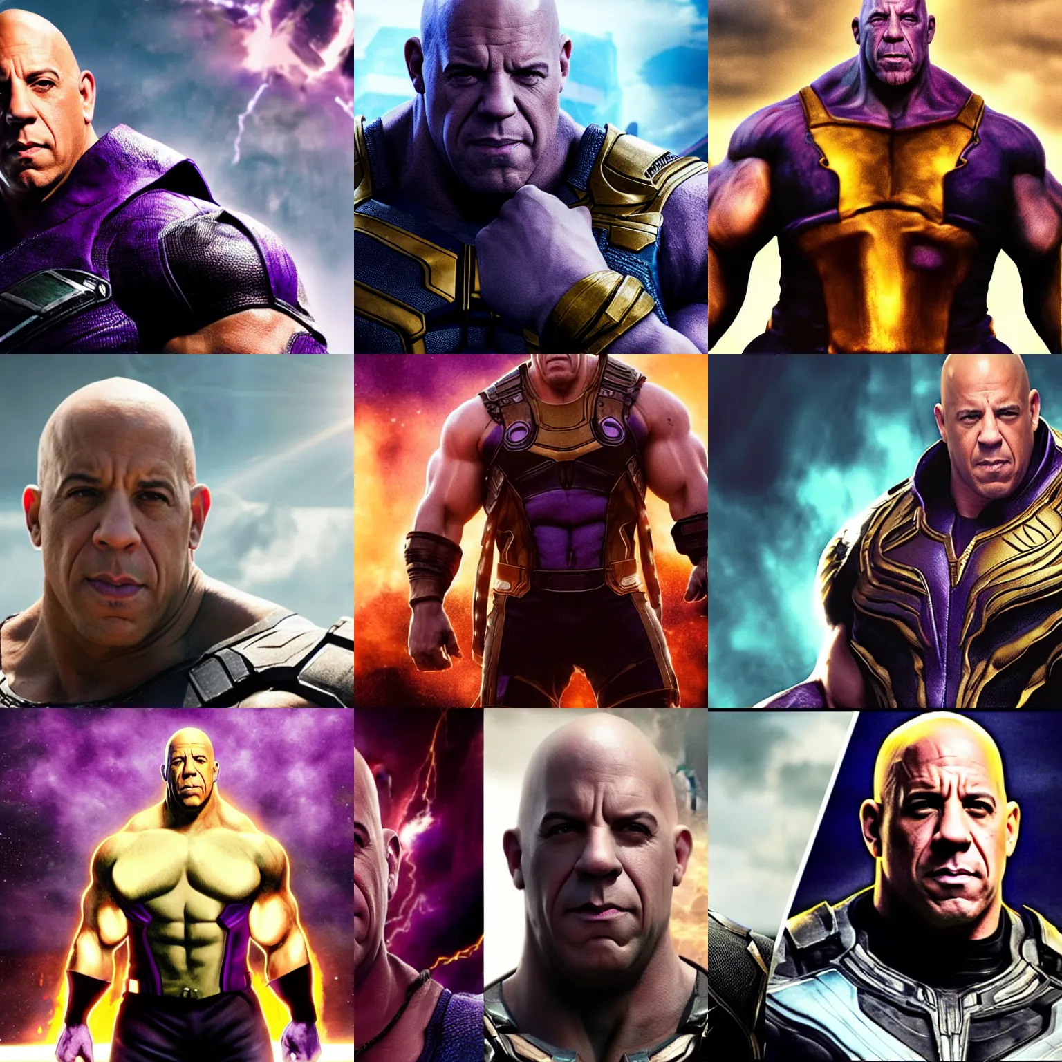 Prompt: vin diesel as thanos, photorealistic, cinematic shot