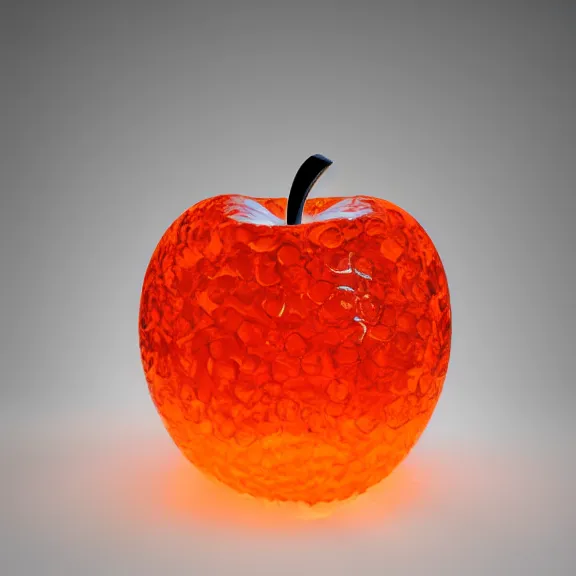 Prompt: a scientific illustration of an apple, beautiful shaped glass sculpture made of lava flame frosted glass with a light orange white tint. studio lighting, high resolution, high quality, very detailed