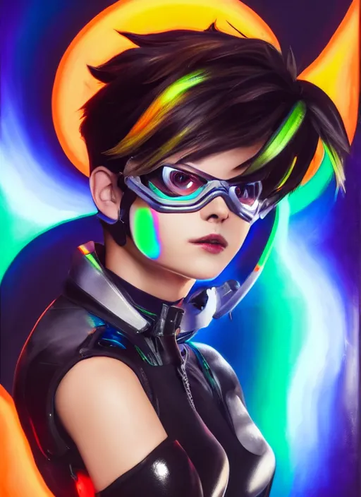 Image similar to overwatch style oil painting portrait of tracer overwatch, confident pose, wearing black iridescent rainbow latex, rainbow, neon, 4 k, expressive surprised expression, makeup, wearing black choker, wearing sleek armor, studio lighting, black leather harness, expressive detailed face and eyes,
