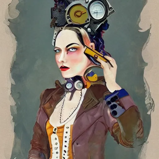 Prompt: Woman gouache self-portrait steampunk colorful technology